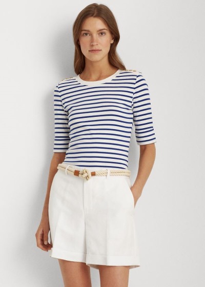 Tops Ralph Lauren Mujer Blancos / Azules - Striped Elbow-Sleeve - UOBAT2958